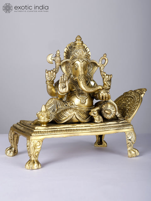 10" Four Armed Relaxing Lord Ganesha | Brass Statue