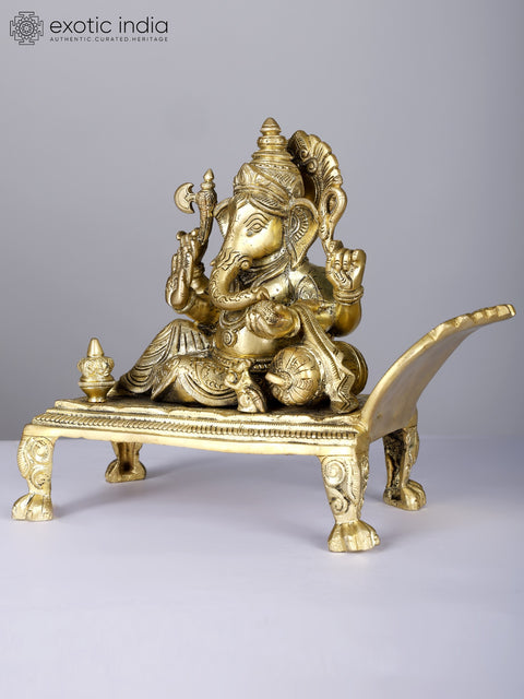 10" Four Armed Relaxing Lord Ganesha | Brass Statue