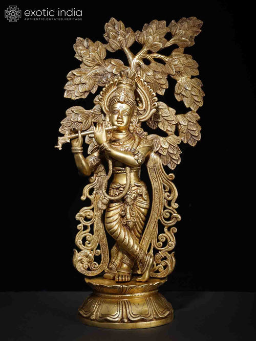 23" Lord Krishna Playing Flute Brass Idol for Home Decor
