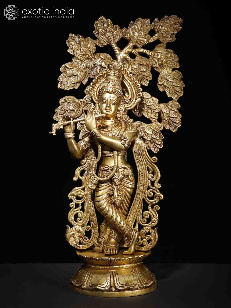 23" Lord Krishna Playing Flute Brass Idol for Home Decor