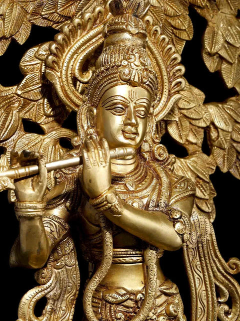 23" Lord Krishna Idol Playing Flute Under the Tree | Brass Statue for Decor