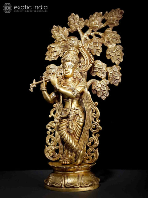 23" Lord Krishna Idol Playing Flute Under the Tree | Brass Statue for Decor