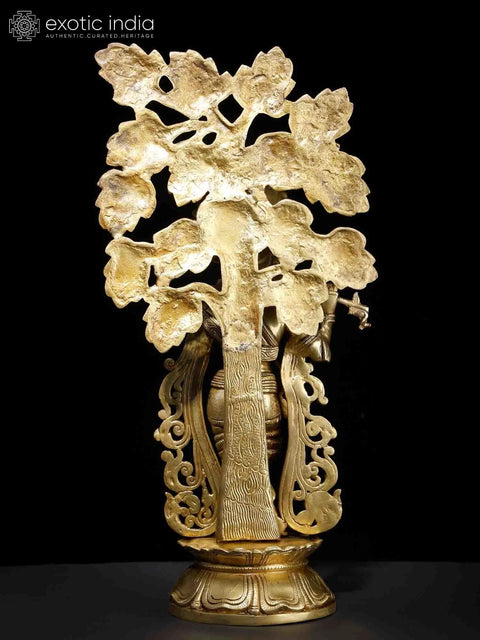 23" Lord Krishna Idol Playing Flute Under the Tree | Brass Statue for Decor