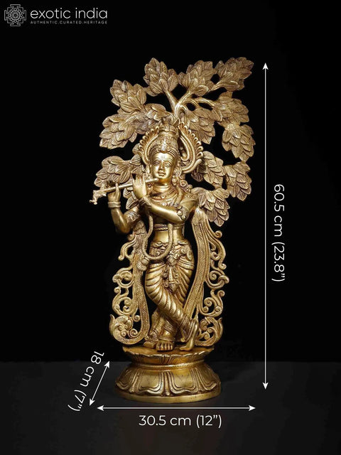 23" Lord Krishna Idol Playing Flute Under the Tree | Brass Statue for Decor