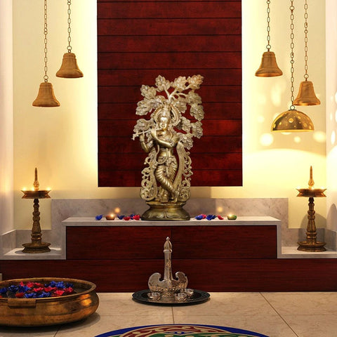 23" Lord Krishna Idol Playing Flute Under the Tree | Brass Statue for Decor