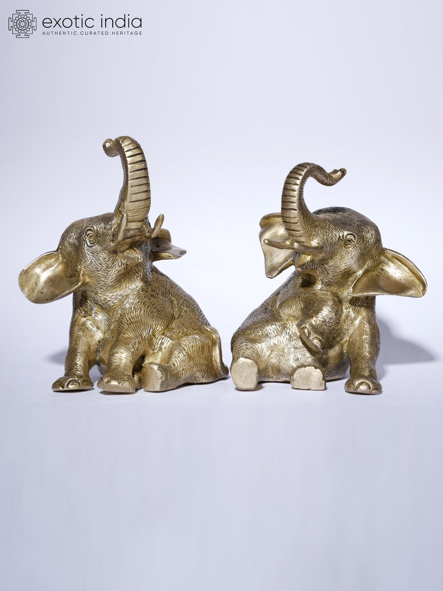 6" Pair of Baby Elephants Handmade Brass Statues