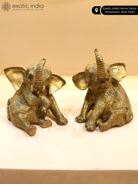 6" Pair of Cute Baby Elephants | Brass Statues