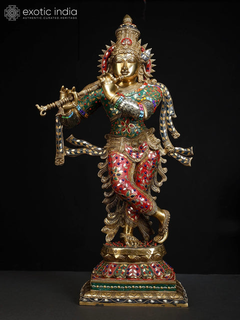 26" Superfine Lord Krishna Playing Flute | Brass Statue with Inlay Work