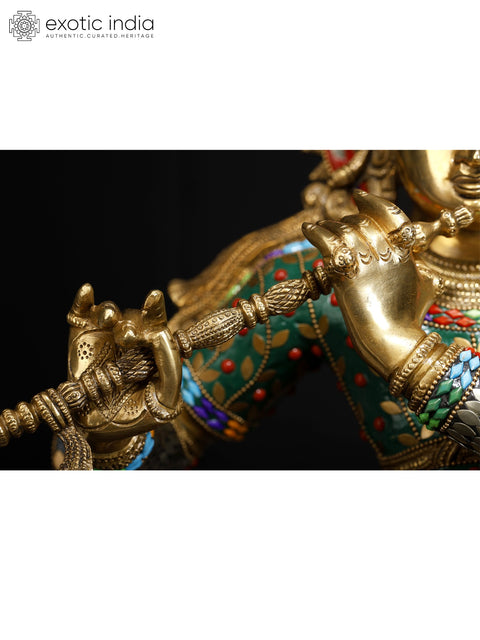 26" Superfine Lord Krishna Playing Flute | Brass Statue with Inlay Work