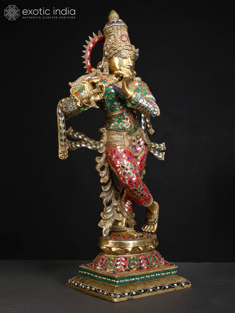 26" Superfine Lord Krishna Playing Flute | Brass Statue with Inlay Work