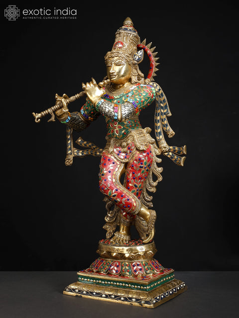 26" Superfine Lord Krishna Playing Flute | Brass Statue with Inlay Work
