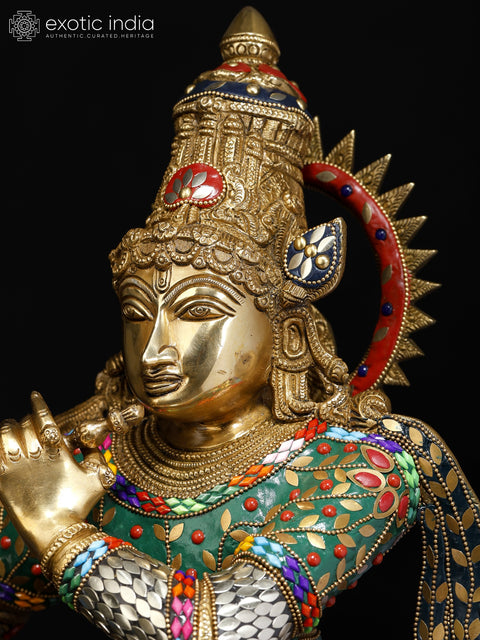 26" Superfine Lord Krishna Playing Flute | Brass Statue with Inlay Work