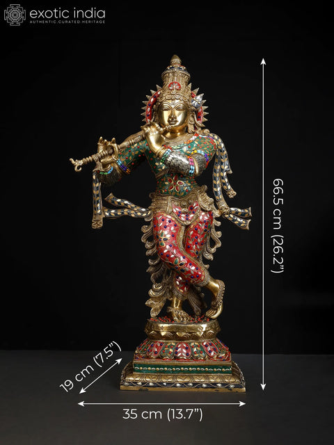 26" Superfine Lord Krishna Playing Flute | Brass Statue with Inlay Work