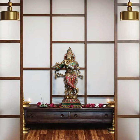 26" Superfine Lord Krishna Playing Flute | Brass Statue with Inlay Work
