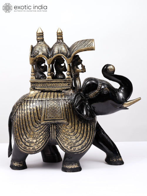 12" Brass Ambari Elephant Statue with Upraised Trunk