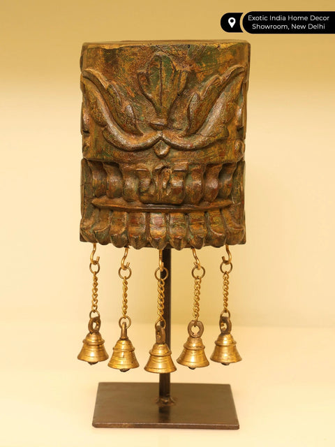 13" Wooden Designer Candle Holder with Dangling Bells in Brass