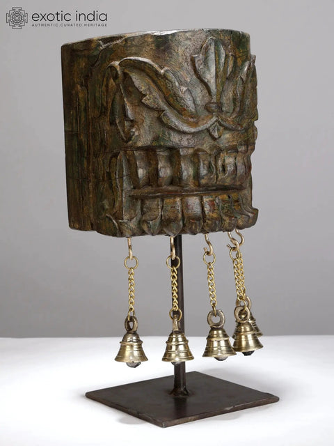 13" Wooden Designer Candle Holder with Dangling Bells in Brass