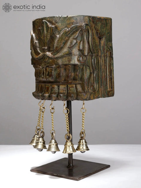13" Wooden Designer Candle Holder with Dangling Bells in Brass