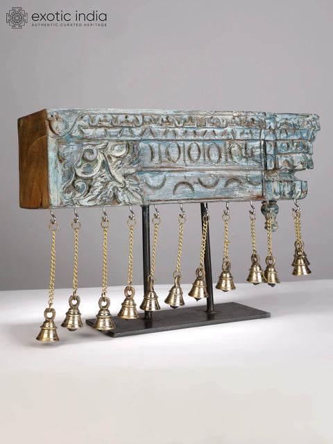 17" Wooden Vintage Style Candle Holder with Dangling Bells in Brass