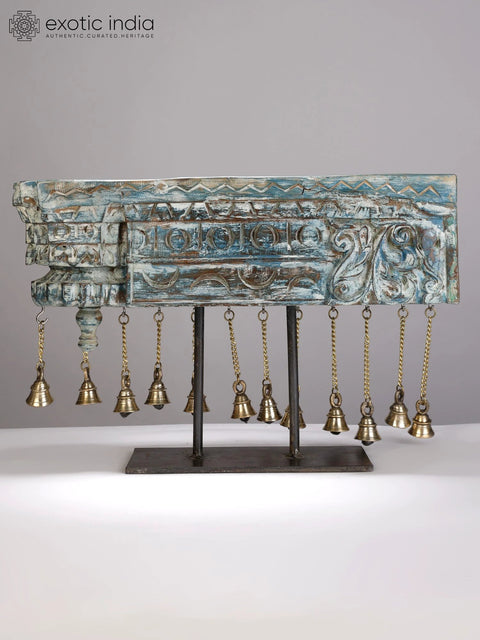 17" Wooden Vintage Style Candle Holder with Dangling Bells in Brass