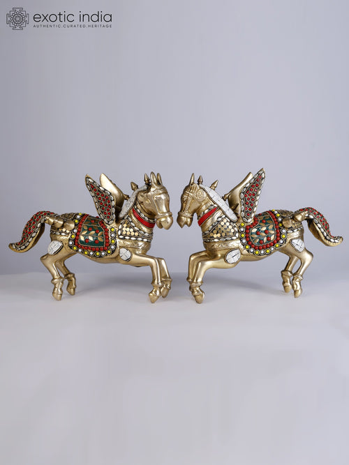 8" Pair of Brass Unicorns with Inlay Work - Home Decor Statues