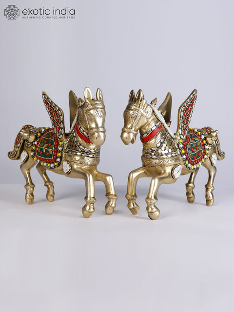 8" Pair of Two Unicorns | Brass Statues with Inlay Work | Interior Decoration