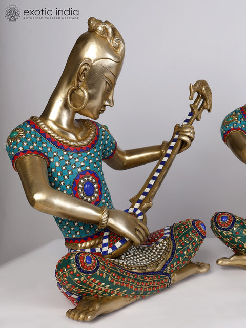 18" Set of Four Musicians Brass Statues with Inlay Work