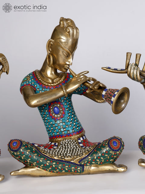 18" Set of Four Musicians Brass Statues with Inlay Work