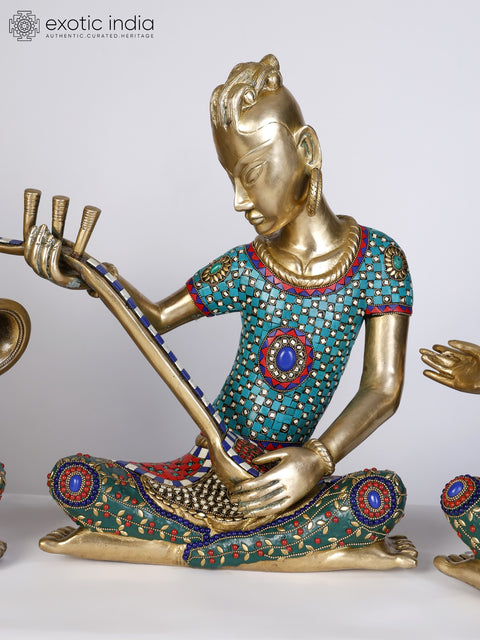 18" Set of Four Musicians Brass Statues with Inlay Work