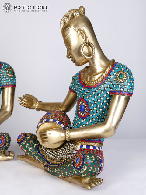 18" Set of Four Musicians Brass Statues with Inlay Work