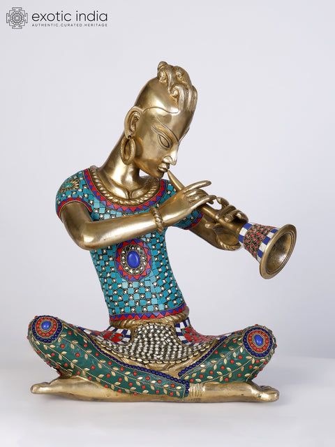 18" Set of Four Musicians Brass Statues with Inlay Work
