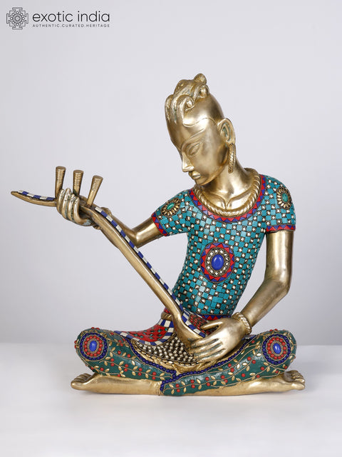 18" Set of Four Musicians Brass Statues with Inlay Work