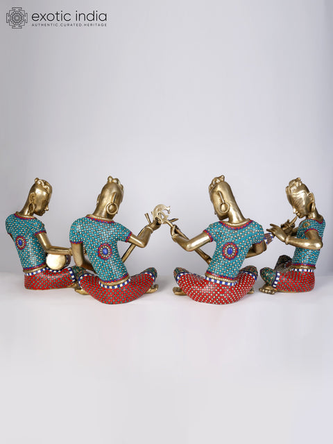 18" Set of Four Musicians Brass Statues with Inlay Work