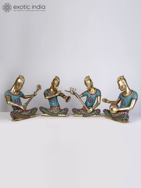 18" Set of Four Musicians Brass Statues with Inlay Work