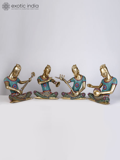 18" Set of Four Musicians Brass Statues with Inlay Work