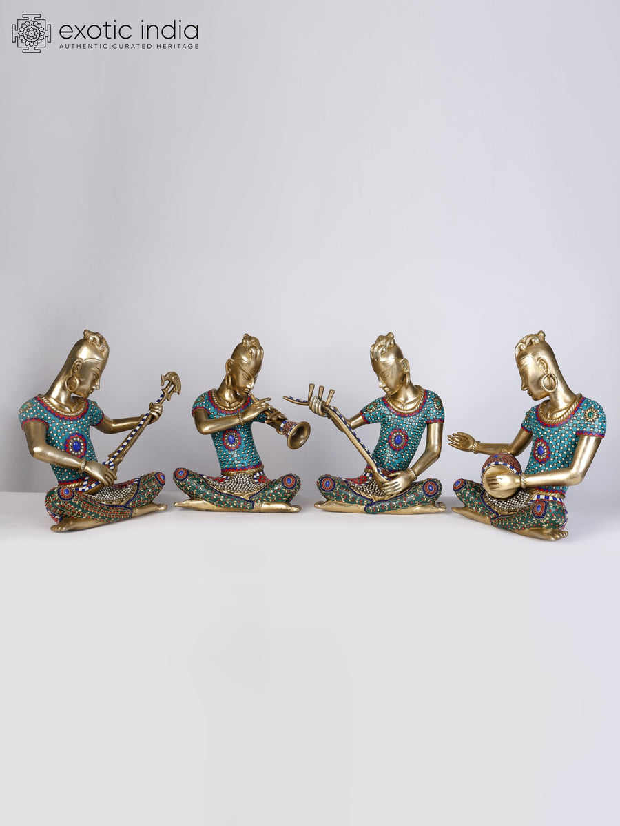 18" Set of Four Musicians Brass Statues with Inlay Work