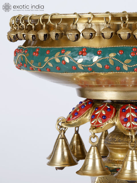 14" Designer Urli Bowl with Dangling Bells and Ghungroos | Brass with Inlay Work