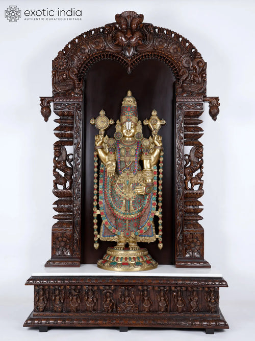 78" Wooden Temple with Tirupati Balaji Brass Statue and Inlay Work