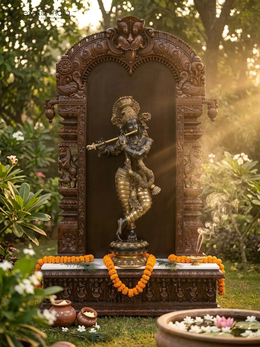 78" Large Wooden Temple with Lord Krishna Brass Statue for Pooja