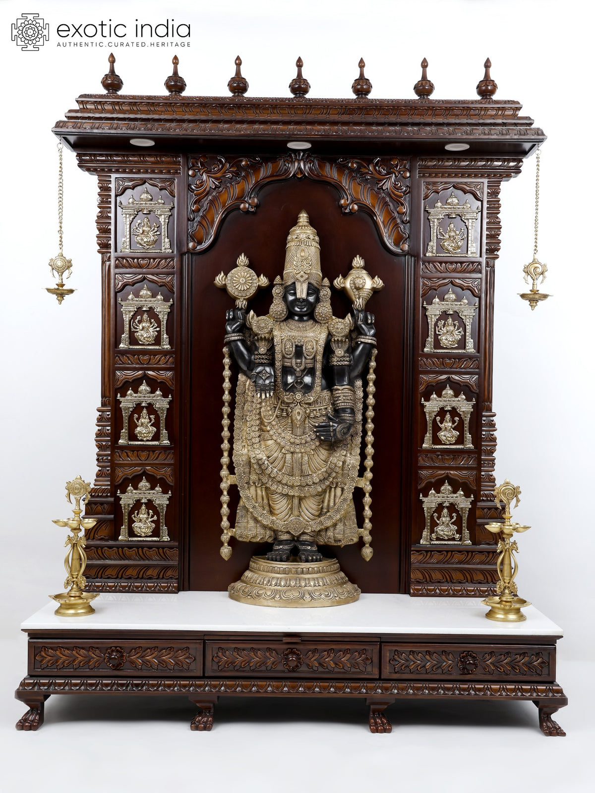 74" Large Designer Wooden Temple with Tirupati Balaji (Venkateshvara) Statue in Brass