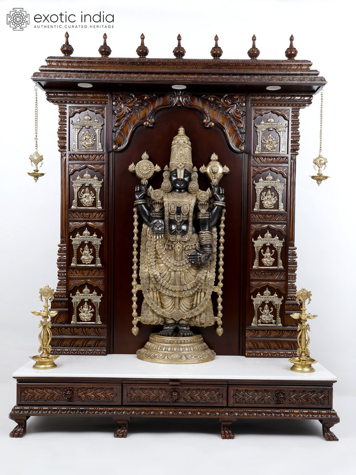 74" Large Designer Wooden Temple with Tirupati Balaji (Venkateshvara) Statue in Brass