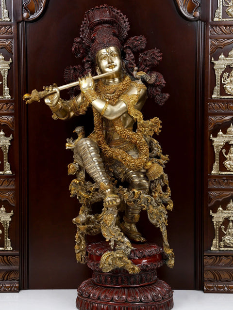 74" Large Ashtalakshmi Designer Temple with Superfine Fluting Krishna Statue in Brass