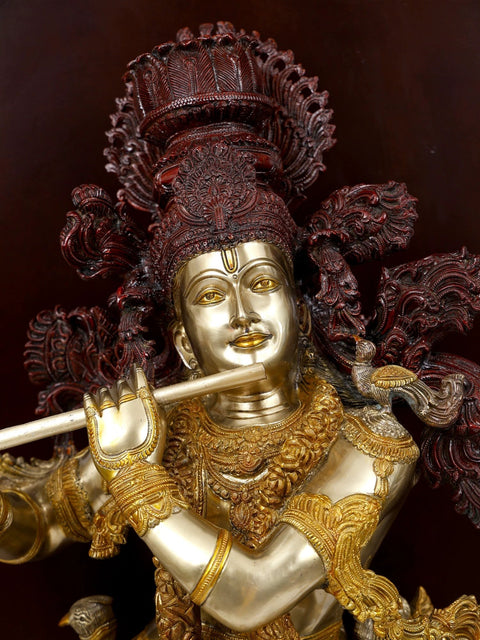 74" Large Ashtalakshmi Designer Temple with Superfine Fluting Krishna Statue in Brass
