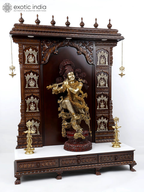 74" Large Ashtalakshmi Designer Temple with Superfine Fluting Krishna Statue in Brass