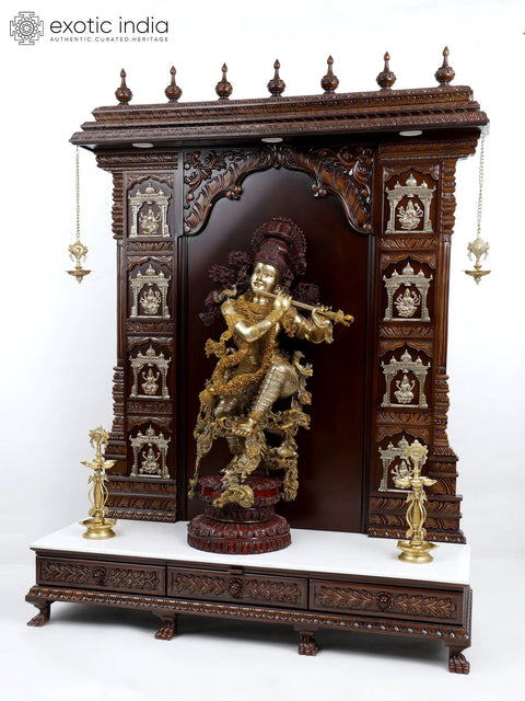 74" Large Ashtalakshmi Designer Temple with Superfine Fluting Krishna Statue in Brass