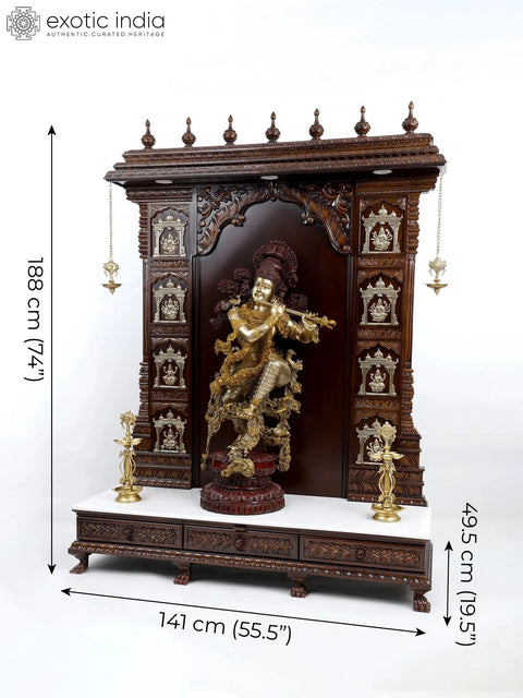74" Large Ashtalakshmi Designer Temple with Superfine Fluting Krishna Statue in Brass