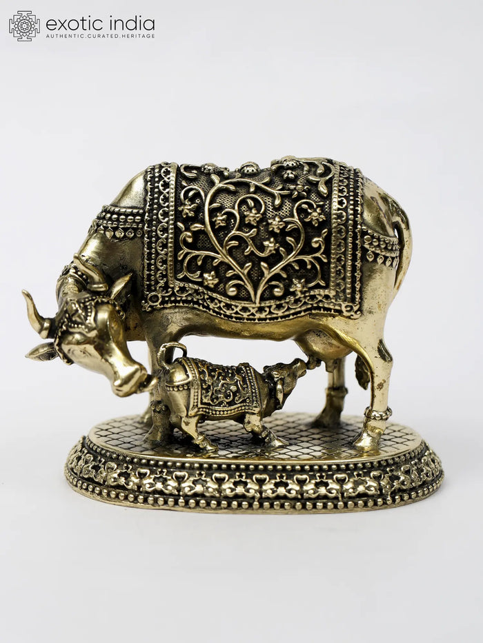 3" Handmade Cow and Calf Brass Statue for Home Decor
