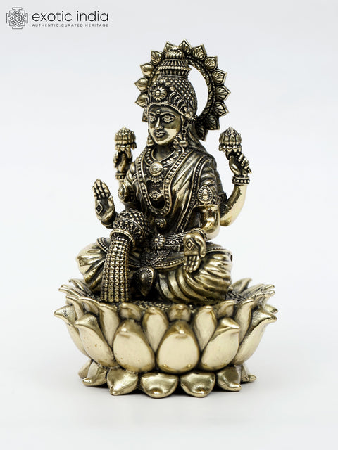 Small Superfine Blessing Goddess Lakshmi Brass Statue Seated on Lotus | Multiple Sizes Idol