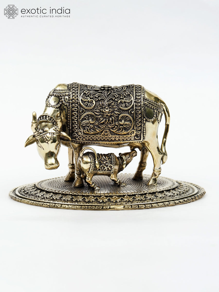 6" Handmade Cow and Calf Brass Statue for Home Decor
