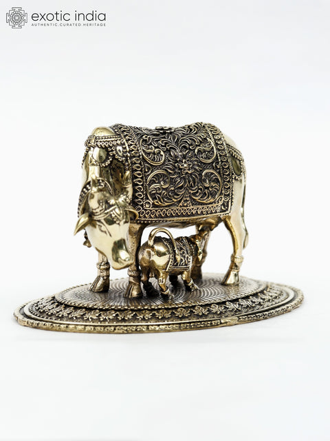 6" Small Superfine Cow and Calf Statue in Brass